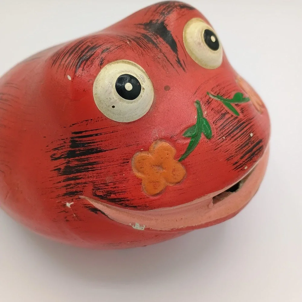 Vintage Painted Red Frog Coin Bank Resin